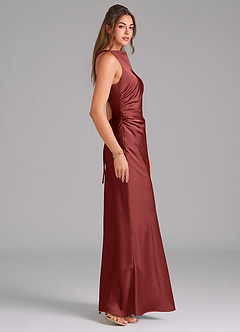 Azazie Evadne Bridesmaid Dresses Terracotta Sheath Pleated Stretch Satin Dress image4