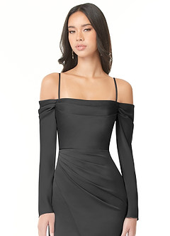 Azazie Hallie Bridesmaid Dresses Black Sheath Off-The-Shoulder Long Sleeve Stretch Satin Convertible Dress image2