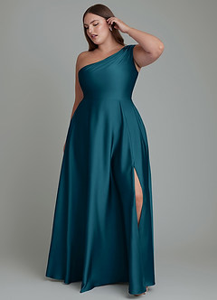 Azazie Melanie Bridesmaid Dresses Ink Blue A-Line Off the Shoulder Stretch Satin Dress image9