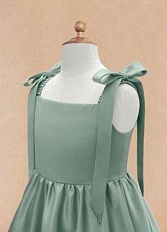 Azazie Chelsie Flower Girl Dresses Silver Sage A-Line Bow Matte Satin Dress image8