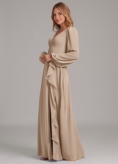 Azazie Simone Vestidos de damas de honor Vestido de Gris Pardo de Gasa de Corte en A con Manga larga image6