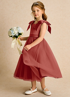 Azazie Serene Flower Girl Dresses Terracotta Ball-Gown Bow Matte Satin Dress image2