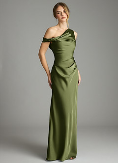 Azazie Emerson Bridesmaid Dresses Olive Mermaid Off the Shoulder Stretch Satin Dress image5