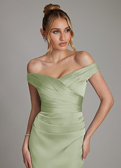 Azazie Teyana Bridesmaid Dresses Dusty Sage Sheath Off the Shoulder Stretch Satin Dress image2