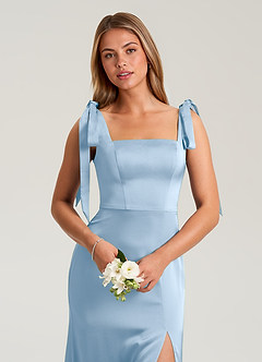 Azazie Frostine Bridesmaid Dresses Powder Blue A-Line Bow Stretch Satin Dress image8