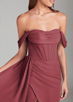 Azazie Amyra Bridesmaid Dresses Merlot Sheath Off the Shoulder Chiffon Convertible Dress image6