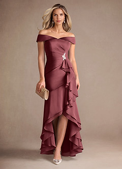 Azazie Billings Moeder van de bruid jurken Zeemeermin Jurk van Stretch Satijn Off the Shoulder Merlot image1