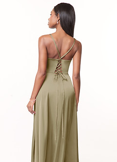 Azazie Maksim Robes de demoiselle d'honneur Robe Trapèze en Satin extensible Col en V Vert Mousse image3