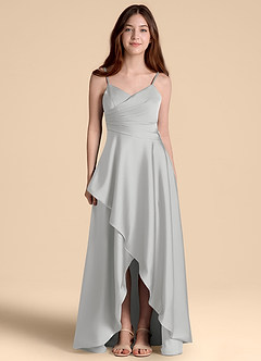 Azazie Prisha Junior Vestido de Plata de Satén Elástico de Corte en A con Plisado image5