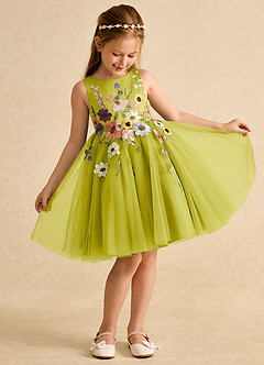 Azazie Prima vestidos de niña de las flores Vestido de Hierba De Limón de Tul de Corte en A con Lazo image3