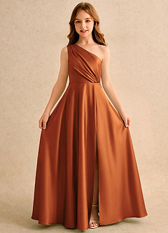 Azazie Puddles Girls Formal Robe Demoiselle D'honneur Fillette Robe Trapèze en Satin extensible Une épaule Cannelle image5