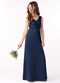 Azazie Sadia Junior Dark Navy A-Line Pleated Matte Satin Dress image1