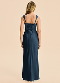 Azazie Agustina Junior Dark Navy Sheath Pleated Stretch Satin Dress image2