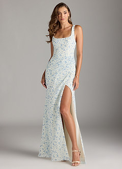Azazie Mero Bridesmaid Dresses Blue And White Ditsy Floral Sheath Pleated Chiffon Dress image1