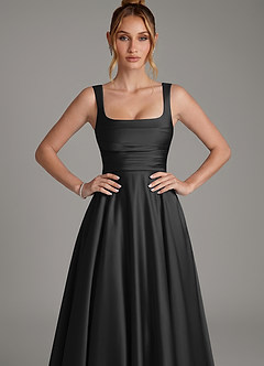 Azazie Azaria At-home Try On Dresses Black A-Line Corset Stretch Satin Dress image6