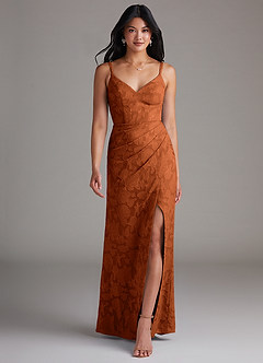 Azazie Leo Bridesmaid Dresses Burnt Orange Sheath Pleated Floral Burnout Dress image4