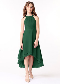 Azazie Linna Junior Vestido de Verde Oscuro de Gasa de Corte En A con Plisado image1