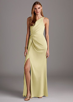 Azazie Mika Final Sale Lemon Sorbet Sheath One Shoulder Stretch Satin Dress image3