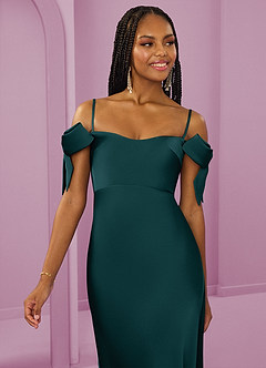 Barbie ♥ Azazie Jurken voor bruidsmeisjes Converteerbaar Jurk van Stretch Satijn met Kolom Off the Shoulder Pijnboom image3