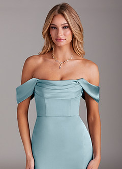 Azazie Saige Vestidos de damas de honor Vestido de Azul Malhumorado de Satén Elástico de Corte Recto con Vestidos sin tirantes image7