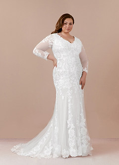 Azazie Dulce Amor Wedding Dresses Diamond White Mermaid V-Neck lace Tulle Dress image13