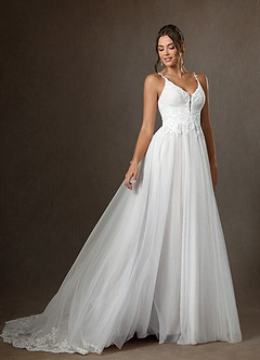 Azazie Devi At-home Try On Dresses Diamond White A-Line V-Neck Lace Tulle Dress image5