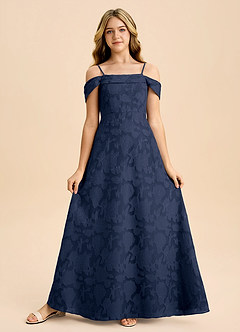 Azazie Anselie Junior Dark Navy A-Line Off the Shoulder Floral Burnout Dress image5
