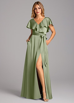 Azazie Lainey Bridesmaid Dresses Pistachio A-Line with Pockets Stretch Satin Dress image4