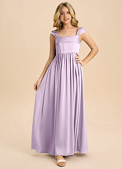 Azazie Hattie Junior Abito A-Line in Raso Elasticizzato Plissettato Lilla Glassato image5