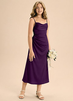 Azazie Mai Junior Jurk van Stretch Satijn met Kolom Geplooid Druif image5