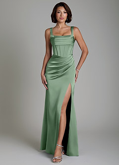 Azazie Amora Vestidos de damas de honor Vestido Matcha de Satén Elástico de Corte Sirena con Corsé image1