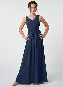 Azazie Kora Junior Dark Navy A-Line Pleated Chiffon Dress image1