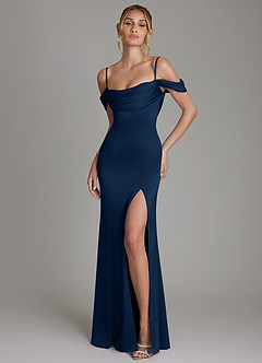 Azazie Nira Bridesmaid Dresses Dark Navy Mermaid Corset Stretch Satin Dress image1