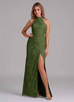 Azazie Jemma 신부 들러리 드레스 A라인 주름진 플로럴 번아웃 바닥 길이 드레스 image4