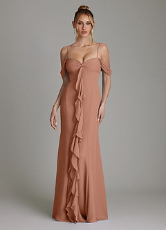 Azazie Karmela Bridesmaid Dresses Bronzer A-Line Off the Shoulder Chiffon Dress image4