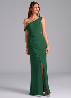 Azazie Madelyn Bridesmaid Dresses Dark Green Mermaid Off the Shoulder Chiffon Convertible Dress image1