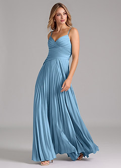 Azazie Vini Brautjungfernkleider A-Linie Plissee Stretch-Satin Kleid Stahlblau image5