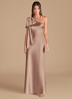 Azazie Capri Bridesmaid Dresses Taupe Sheath One Shoulder Metallic Satin Dress image3