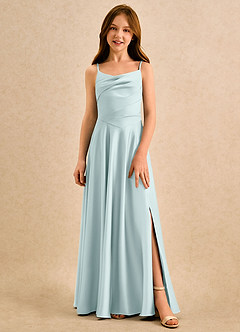 Azazie Coconut Girls Formal 플라워 걸 드레스 A라인 주름진 스트레치 새틴 플로어 길이 드레스 image1