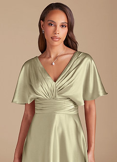 Azazie Pamela Brautjungfernkleider A-Linie Plissee Metallischer Satin Kleid Moosgrün image1