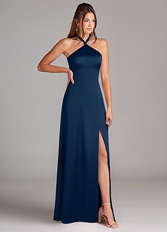 Azazie Elliana Vestidos de madrinha de casamento Vestir Azul Marinho de Cetim elástico de Linha A com Fenda Lateral image3