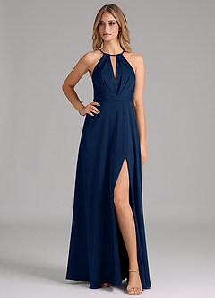 Azazie Evalleen Final Sale Dark Navy A-Line Pleated Stretch Satin Dress image1