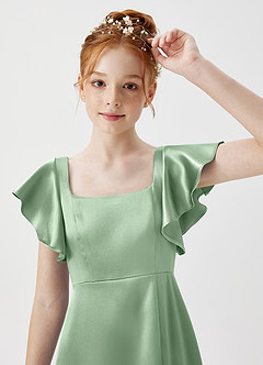 Azazie Bondi Junior Matcha A-Line Side Slit Metallic Satin Dress image5