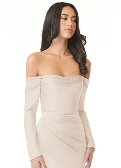 Azazie Hallie Bridesmaid Dresses White Alabaster Sheath Off-The-Shoulder Long Sleeve Stretch Satin Convertible Dress image1