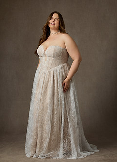 Azazie Lorena Wedding Dresses Diamond White Champagne A-Line Strapless Lace Dress image10