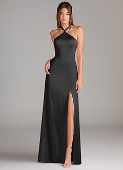 Azazie Elliana Bridesmaid Dresses Black A-Line Side Slit Stretch Satin Dress image4