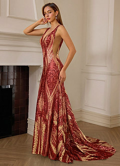 Jade Rojo Vestido de fiesta sirena con escote en V profundo, abertura lateral y satén con lentejuelas, color azul marino image6