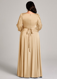 Azazie Leonia Vestidos de damas de honor Vestido de Oro de Satén Elástico de Corte en A con Manga larga image13