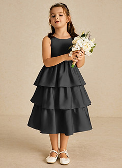 Azazie Margery Flower Girl Dresses Black A-Line Bow Stretch Satin Dress image2