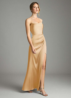 Azazie Leonis Bridesmaid Dresses Gold Mermaid Pleated Stretch Satin Convertible Dress image6